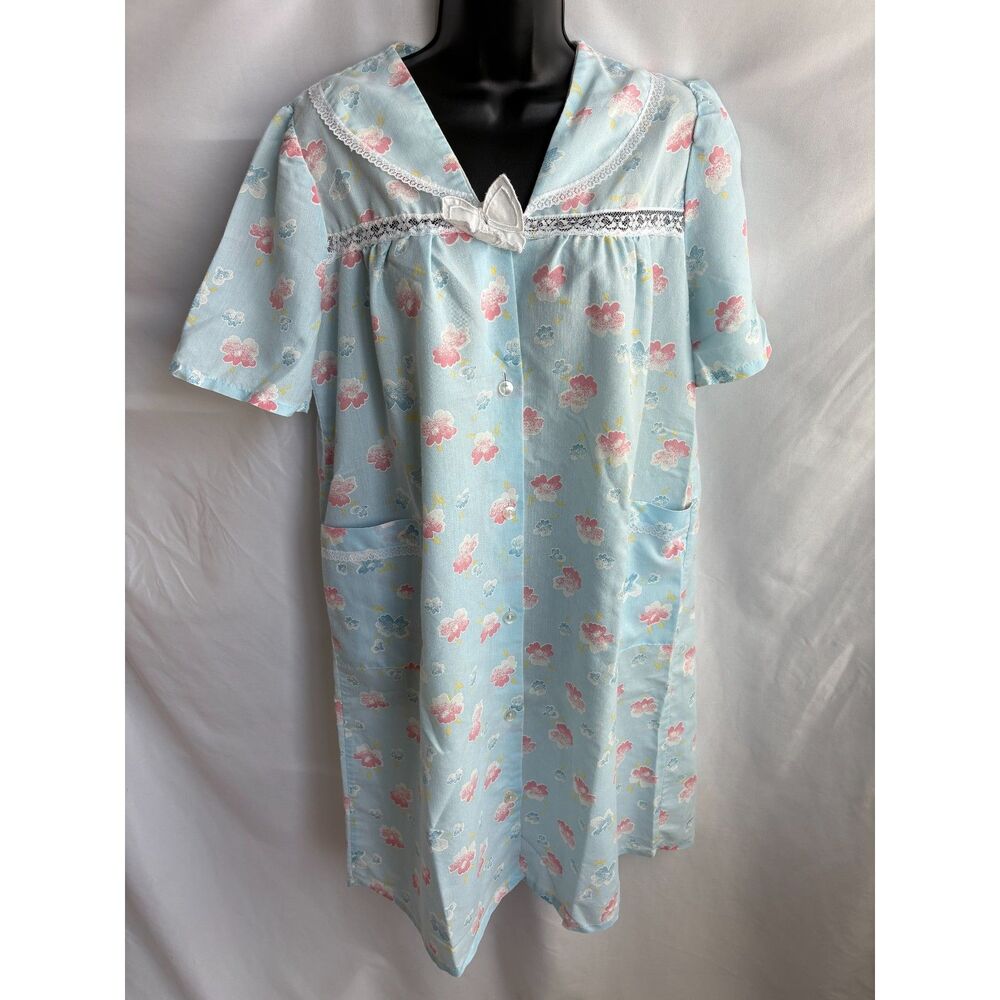 Vintage Muumuu Floral Lace Trim Chemise Nightgown Blue Pink Retro Size L House